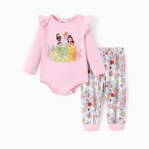 Disney Princess Long Sleeve Baby Unisex Creeper Bodysuits 2 Piece Viscose Made from Bamboo Newborn Outfit Set Allover Bold Front Print Infant Romper Cute Fall Babe Clothes Pink 12-18 Months - image 1
