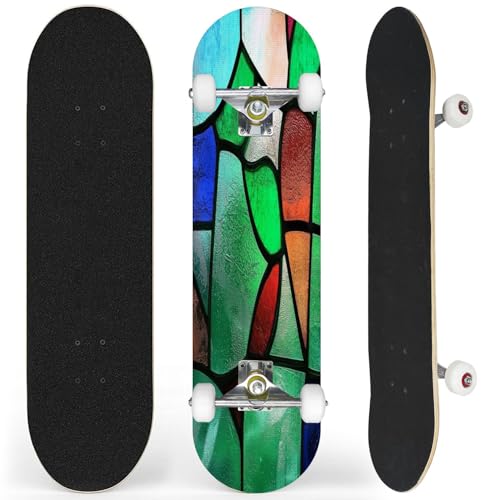 Complete Skateboard with Multicolored Glass Stained Glass Abstract Glass Beginner Skateboard 7-Layer Maple Wood Double Kick Concave Skateboards for Kids, Adults, Teens 31