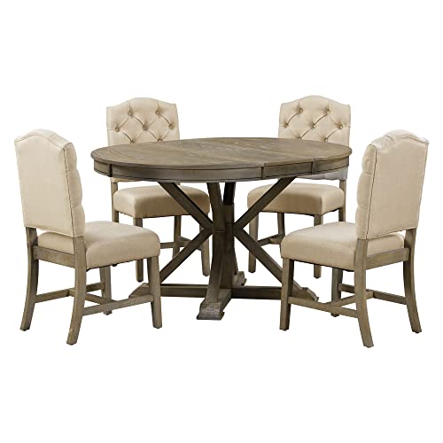 Bellemave 5-Piece Round Dining Table Set Wood Extendable Counter Dining Table With 4 Upholstered Chairs Retro & Functional Dining Set Of 4 People For Kitchen, Dinning Room (Natural Wood Wash) #TOP3