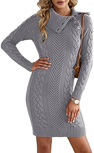 AlvaQ Womens Winter Knitted Dress Long Jumper Turtule Neck Diagonal Button Sweater Dresses Long Sleeves Bodycon Cable Knit Thick Mini Sweater Casual Tunic Pullover Knitwear,Grey UK 6-8