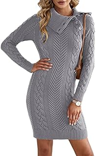 AlvaQ Womens Winter Knitted Dress Long Jumper Turtule Neck Diagonal Button Sweater Dresses Long Sleeves Bodycon Cable Knit Thick Mini Sweater Casual Tunic Pullover Knitwear,Grey UK 6-8