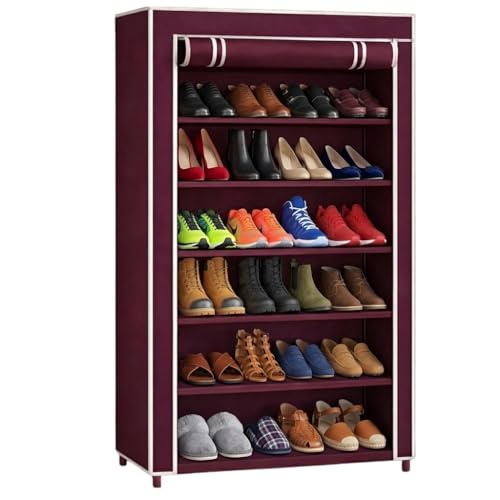 Image of EASY BUY Maroon Shoe Rack with Cover, Plastic Rack 6 Shelves with Zip Door Cover & Side Pocket | Dustproof Multiuse Storage Organizer for Footwear, Clothes, Toy, Shoe Rack Plastic, Slipper Stand