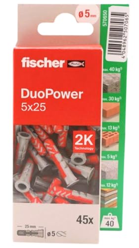 fischer - Duopower 5x25-45U, Tacos para pared multimaterial, sirven para Colgar Bicicletas, Cuadros, Armarios, Soportes de Televisión, Estanterías, Muebles.