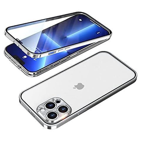 GOOVEN Buckle Installation iPhone 13 pro case 360°Full Aluminum Bumper with Lock Tempered Glass Shockproof Translucent backplane Double Sided Protection (iPhone13pro, Silver) Cover