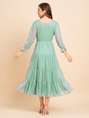 Image of RATAN Women's Floral Embroidered Puff Sleeve Chiffon Flared Tiered Kurta Gown Maxi Dress