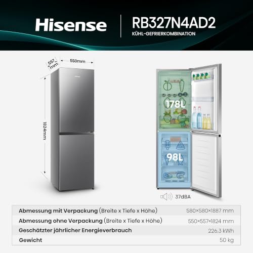 Foto von Hisense RB327N4AD2 Kühl-Gefrierkombination/ NoFrostPlus/ Multiflow 360°/ HolidayMode/ FreshZone/ 182,4 cm/ Kühlteil 171 l/ Gefrierteil 85 l/ 41 dB/ 287 kWh/ Jahr/ Edelstahl-Look