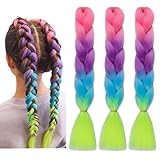 Colorful Pre stretched Braiding hair, 4 Tone Rainbow Braiding Hair, Synthetic Jumbo Braiding Hair Extensions 24in 3Packs #Rouge pink-Purple-Blue-Green