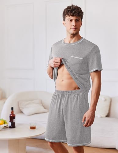 Image of Ekouaer Men's Pajamas Set Casual Short Sleeve Shirts and Shorts Soft 2 Piece Loungewear With Pockets