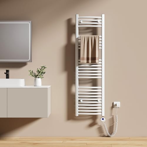 EMKE Radiador Toallero Eléctrico para Baño 140 x 40 cm, Radiador Curvado con Termostato, Calientatoallas Eléctrico, Soporte Toallero Eléctrico, Blanco, 500 Watts
