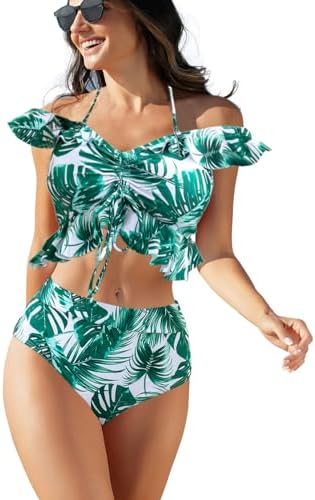 Bikini Pin Up con Volantes y Hombros Descubiertos – Traje de Baño Retro de Colores con Cuello Halter