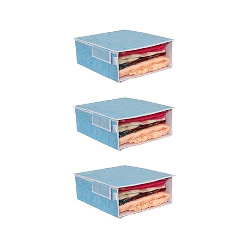 Image of PRETTY KRAFTS Stackable Fabric Saree Storage Organizer for wardrobe, Clear front window with Lid, Stackable organizers, Perfect to organize sarees in a wardrobe, Set of 3, JuteBlue