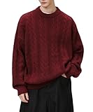 POHADON Men's Oversized Cable Knit Sweater Vintage Grandpa Aesthetic Grunge Pullover Tops Fall Winter Y2k Trendy Clothes (Burgundy Red,Medium)