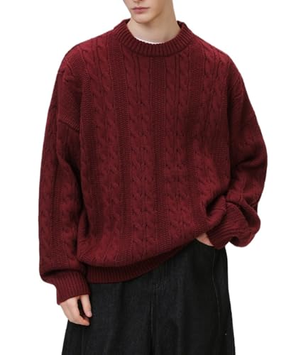POHADON Men's Oversized Cable Knit Sweater Vintage Grandpa Aesthetic Grunge Pullover Tops Fall Winter Y2k Trendy Clothes