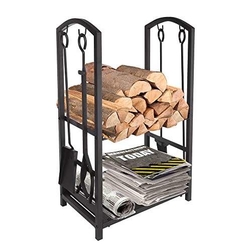 Babylon Fireplace Tools Log Rack Set with 4 Piece Tools Wrought Iron Black Fireplace Tools Firewood Holder Carrier Storage Rack with Brush Shovel Poker Tongs for Indoor Outdoor