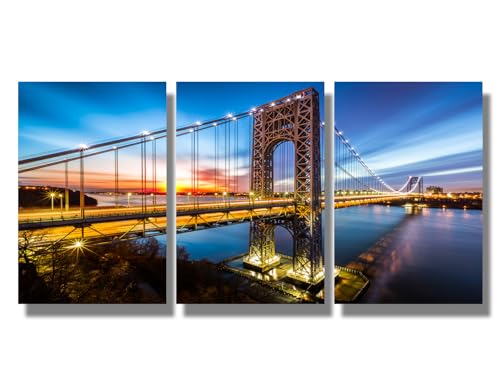 USA Bridge Canvas Wall Art 3 Pieces George Washington Bridge Wall Decor Colorful Manhattan Cloudy Sky Posters NYC Cityscape Wall Painting Posters & Prints Framed Ready to Hang 16X24X3 INCH