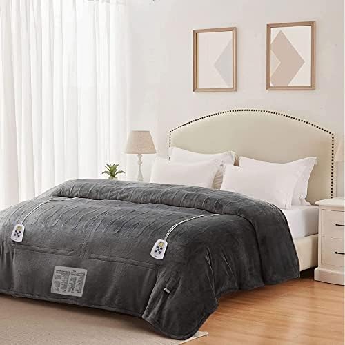 Sunvivi Electric Blanket Queen Size, Heated Blanket Dual Control Soft Flannel, 10 Heat Settings, 12 Hours Auto Off, Machine Washable, 5 Years Warranty, Overheat Protection, ETL Certified, Grey
