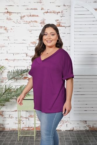 Women's Plus Size Casual V Neck T-Shirt Loose Fit Short Sleeve Blouse Curvy Tunic Top Fashion Clothing2