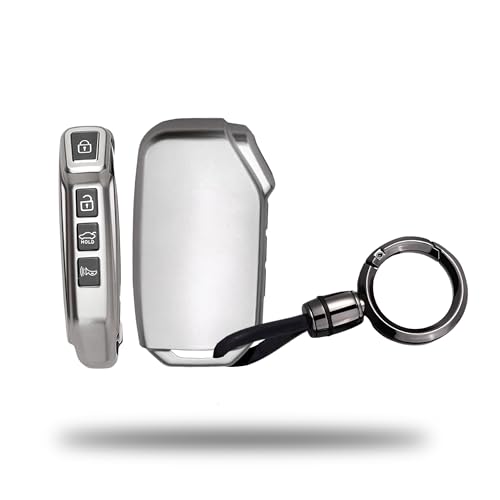 Image of SIAGO TPU Key Cover and Round Keychain Compatible for Kia Seltos 2023 Facelift HTX | Carens X Line 4 Button Smart Key (Grey)