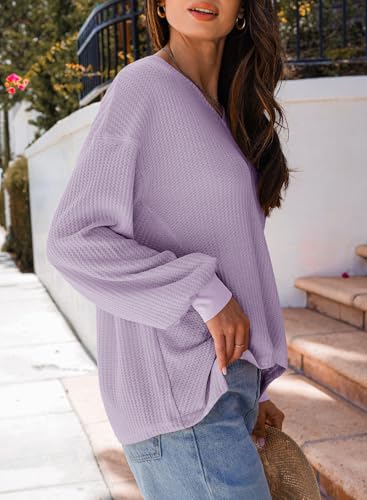 Image of Dokotoo Womens Waffle Knit Tops Trendy Fashion 2026 Oversized T Shirts | Lightweight,V Neck,Casual,Batwing Sleeve,Loose Fit,Irregular Hem,Boyfriend Style,Oversized,Fall Outfits