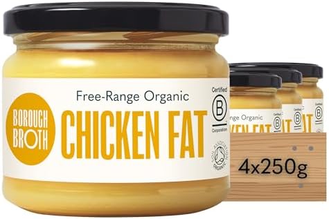 Organic Chicken Fat by Borough Broth - High in Protein, Low Calorie - 100% Natural & Clean Source of Fat - Free-Range Chicken Dripping - Organic Chicken Tallow Perfect for Roasting - 4 x 250g