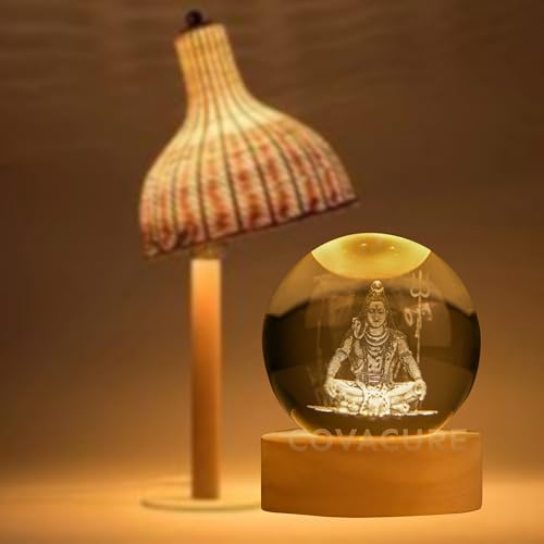 Image of COVACURE 3D Shiv Crystal Ball Night Lamp, Solar System Shiv Idol Crystal Ball Night Light, USB Table Colorful LED Wooden Base Lamp for Home, Office, Birthday Gift