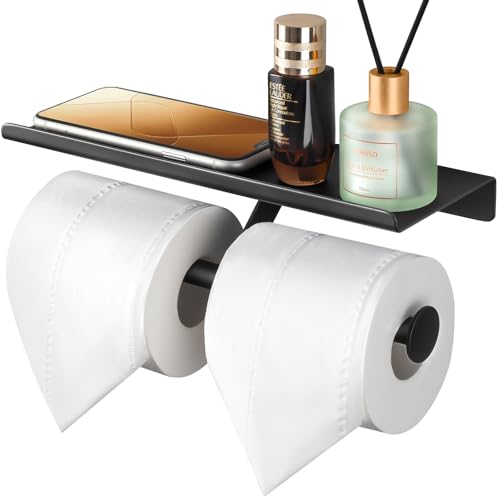Double Toilet Paper Holder with Shelf, Commercial Toilet Paper Roll Holder Wall Mount Stainless Steel for Bathroom & Restroom, Matte Black