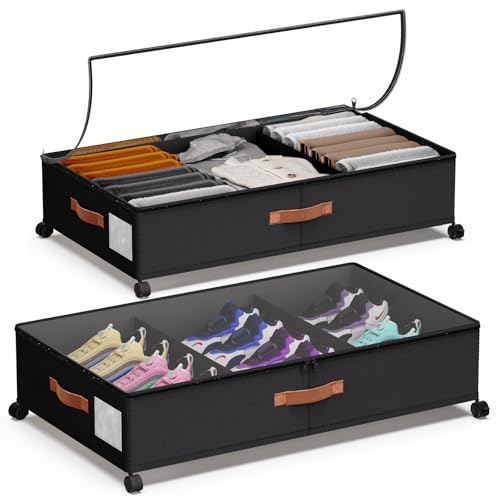 DCET Under Bed Storage 2 Pack 66L, Rolling Containers with Wheels, Heavy Duty Metal Frame, 600D Oxford Fabric, Clear Lid, Adjustable Dividers for Clothes Shoes Blankets, Dorm Space Saving, Black