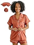 Belle's Design Women’s Short Sleeve Satin Silk Pajama Set With Eye Mask And Hair Scrunchie Button Down Sleepwear (Maple, Medium)