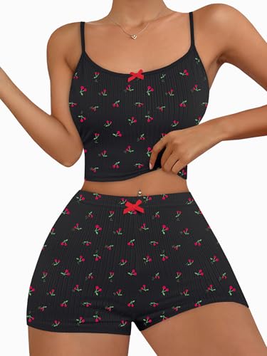 Image of Hilinker Women's 2 Piece Fruit Pajama Set Ribbed Cami Top and Shorts Sleepwear Summer Cute Pjs Black Red Cherry B Medium