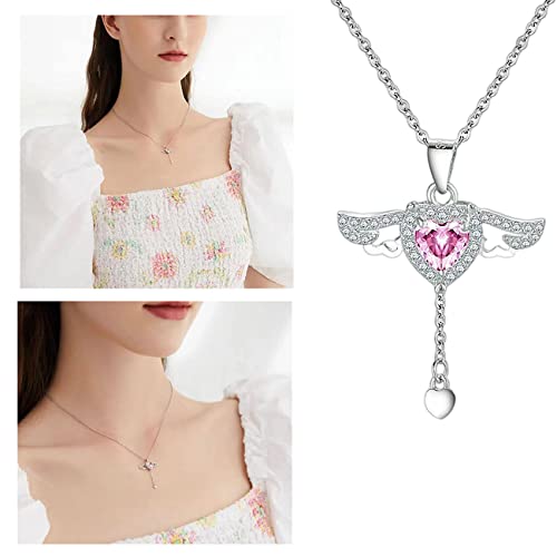 Chnlml Pink Angel Wings Necklace,Crystal Angel Wing Heart Pendant Necklace,Angel Wing Rhinestone Heart Necklace (A-2Pcs) #TOP2