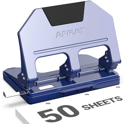Image of AFMAT 3 Hole Punch Heavy Duty, 9 /32 inch Hole Diameter, 50-Sheet 3 Hole Puncher for Binder, 50% Reduced Effort, Metal Three Hole Punch w / 10,000+ Uses, Bulit-in S.S. Paper Guide, Large Chip Tray, HPX5