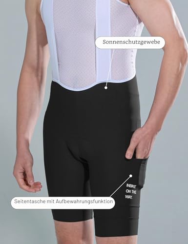 INBIKE Fahrradhose Bib Shorts Radlerhose Fahrradunterhose Shorts Fahrrad Kurz Herren Gepolstert mit Träger Tasche Sommer Atmungsaktiv Elastisch Schwarz L