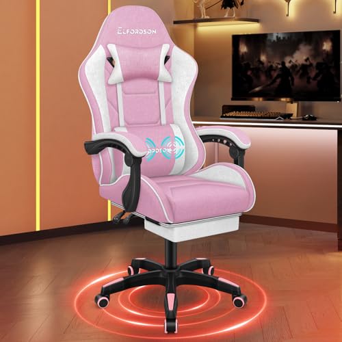 ELFORDSON Gaming Chair with 2-Point Massage Lumbar Cushion, High Back PC Computer Game Chair, 150° Reclining Office Chair with Headrest & Footrest, 360° Swivel, Fabric, Pink - Home, Esports