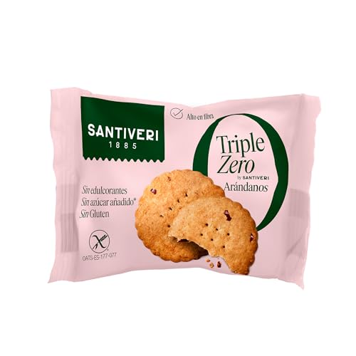 SANTIVERI - Galletas Arándanos Triple Zero, Galletas Crujientes con Avena Integral y Arándanos Rojos, Altas en Fibra, Sin Edulcorantes, Sin Azúcar Añadido Ni Gluten, Vegano - 3 Unidades, 28 g