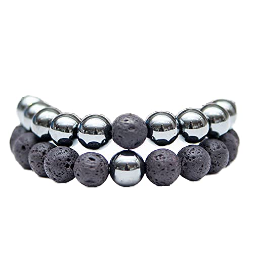 Bracelet couple en hématite et pierre de lave LKBEADS 8mm, perles lisses de qualité