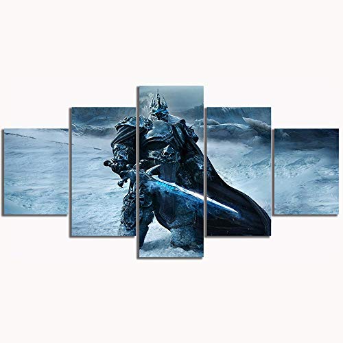 Myrdsio Impression Sur Toile 5 Parties Image Imprimée Sur Toile Jeu World Warcraft De Fallen King Lich Peinture Décoration Murale 150×80Cm Avec Cadre...