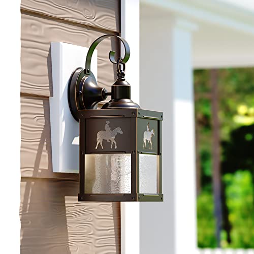 Image of VAXCEL 2-Pack Trail 13 in. H 1-Light Burnished Bronze Rustic Cowboy Outdoor Wall Sconce Made of Durable Steel, Clear Seeded Glass Shade, LED Compatible, Exterior Porch Patio Front Door or Garage