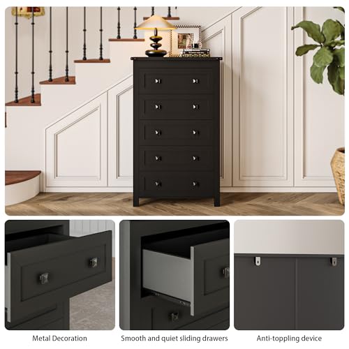 Image of Wodeer Black Dresser Tall 5 Drawer Dresser for Bedroom, Wooden Dressers & Chests of Drawers with Metal Handles, Modern Storage Cabinet and Organizer Drawers for Bedroom, Hallway, Entryway