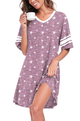 Womens Nightgowns Short Sleeve Sleepshirt Sleepwear Casual V Neck Sleep Dress Loungewear Nightshirts