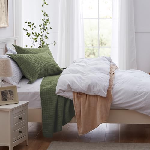 SunStyle Home Olive Green Quilt, Queen Size Quilt Set Lightweight Blanket Bedspread Full Soft Reversible Coverlet All Season 3pcs Army Green Square Quilted Bedding Sets with 2 Pillow Shams(90"x96")