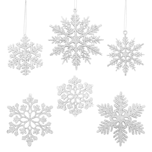 Simpeak 30Pcs Christmas Glitter Snowflake Decorations Christmas Tree Glitter Ornaments Plastic Snow 6 Varies Size Craft Flakes for Christmas Tree Winter Indoor Outdoor Xmas New Year Party (Silver)