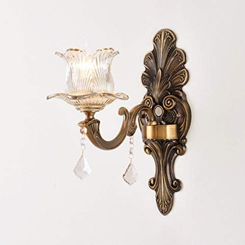 LITFAD Clear Flower Wall Light with Crystal 2 Head Vintage Style Glass Sconce Light Retro Decoration Wall Mount Light Wall Lamp in Antique Brass for Hotel Bedside Living Room Restaurant