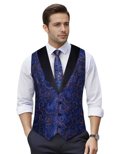 Image of DiBanGu Mens Paisley Suit Vest Silk Jacquard Waistcoat and Necktie Set Formal Shawl Collar Dress Vest 7PCS for Wedding Party