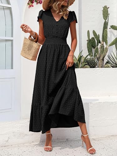 Image of PRETTYGARDEN Womens Dresses 2026 Summer Maxi Dress Boho Short Sleeve V Neck Swiss Dot Ruffle Tiered Smocked Flowy Long Dress