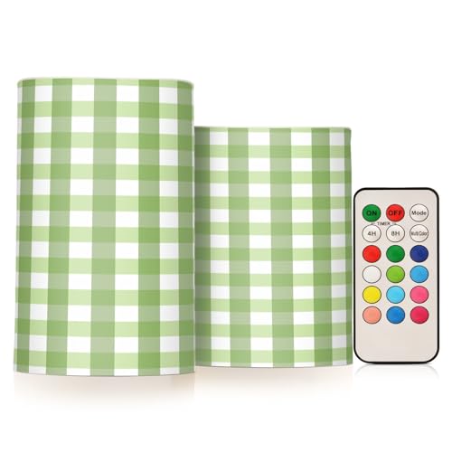 MCHIVER Green Stripes Plaid Flameless Candles with Remote Timer Battery Operated Fake Candles Set of 2 LED Tealight Candles for Indoor Wedding Table Home Decor