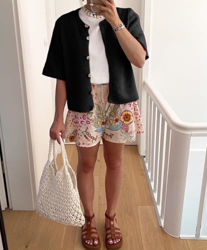 Image of Women Knitted Crop Cardigan Blouse Short Sleeve Button Down Sweater Shirt Y2k Open Front Cardigan Top Streetwear