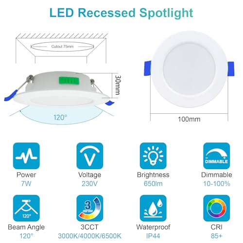 Ugvmn LED Downlights Ultra Slim 7W LED Recessed Ceiling Lights Dimmable Hole Size 75-90mm, Warm White Neutral White Cool White Adjustable, IP44 Round Spotlights for Bathroom Kitchen Living Room - Image 5