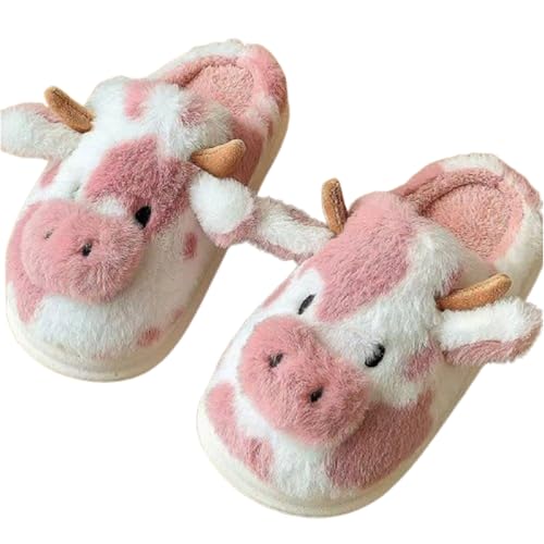 Cartoon Cow Cotton Slippers,Cute Cozy Fuzzy Animal Slippers For Women Men,Winter Warm Plush Comfy Indoor Outdoor Slippers