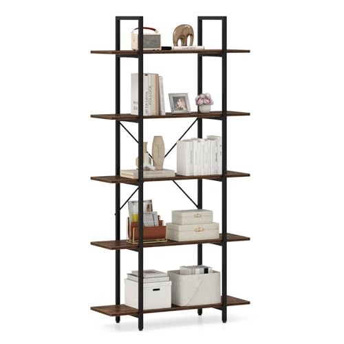 Giantex 5-Tier Industrial Bookshelf, 62' Tall Vintage Bookcase with Open Storage Shelves, Freestanding Display Rack w/Heavy-Duty Metal Frame, Storage Organizer for Living Room Bedroom Study