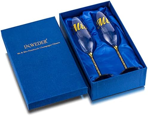Inweder Champagne Flutes glasses Crystal - Set of 2 Gold Personalised Champagne Glass with Gift Box Mr & Mrs Champagne Flute Gift Set for Wedding Birthday Engagement Anniversary Bridesmaid Bride Groom